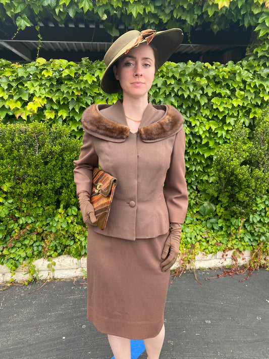 1940's Vintage "Lilli Ann" Brown Wool Suit with Mink Shoulder Collar