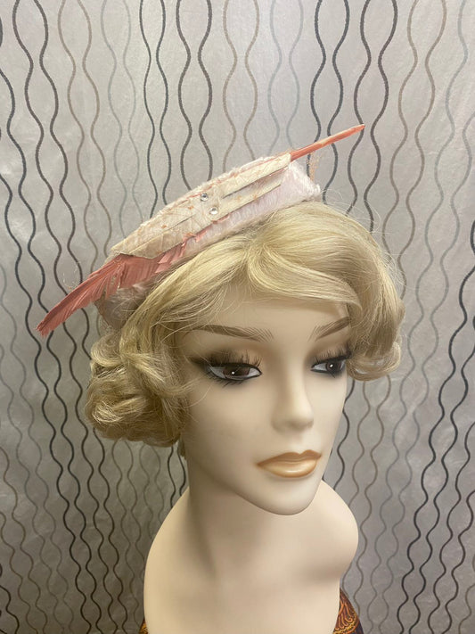 1950s women feather fur netting pink pill box hat with rhinestone