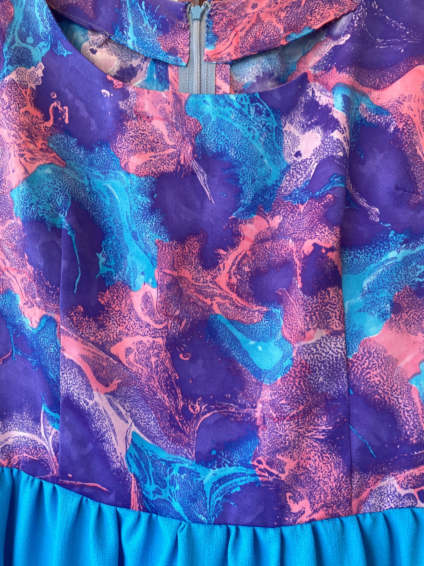 60's 70's Florescent Blue, Pink & Purple Abstract Tie Waist Maxi Dress