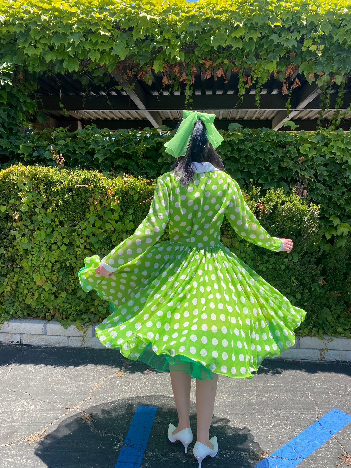Green and white Polka Dot Voile Fit and Flare Full Circle Swing Party Dress