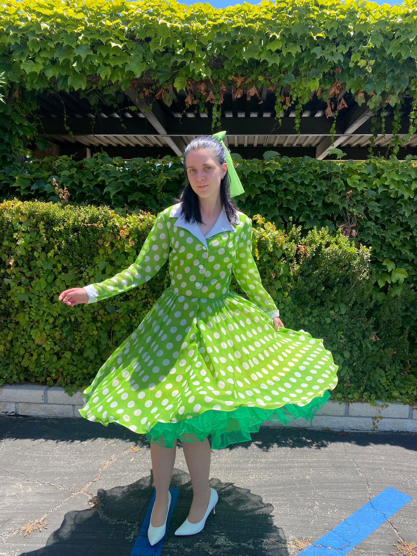Green and white Polka Dot Voile Fit and Flare Full Circle Swing Party Dress
