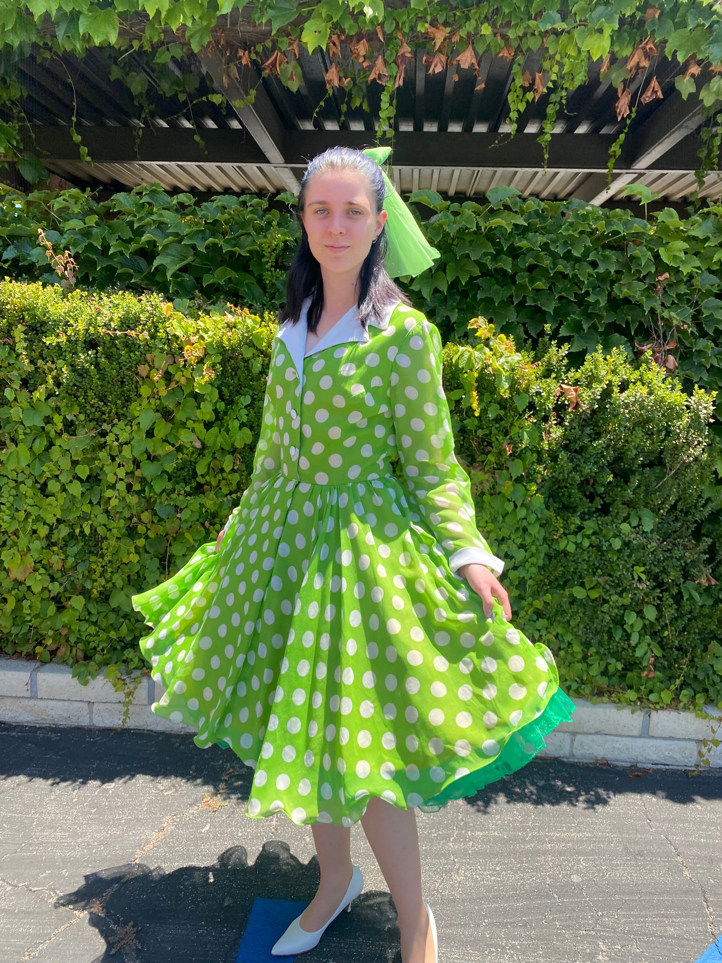 Green and white Polka Dot Voile Fit and Flare Full Circle Swing Party Dress