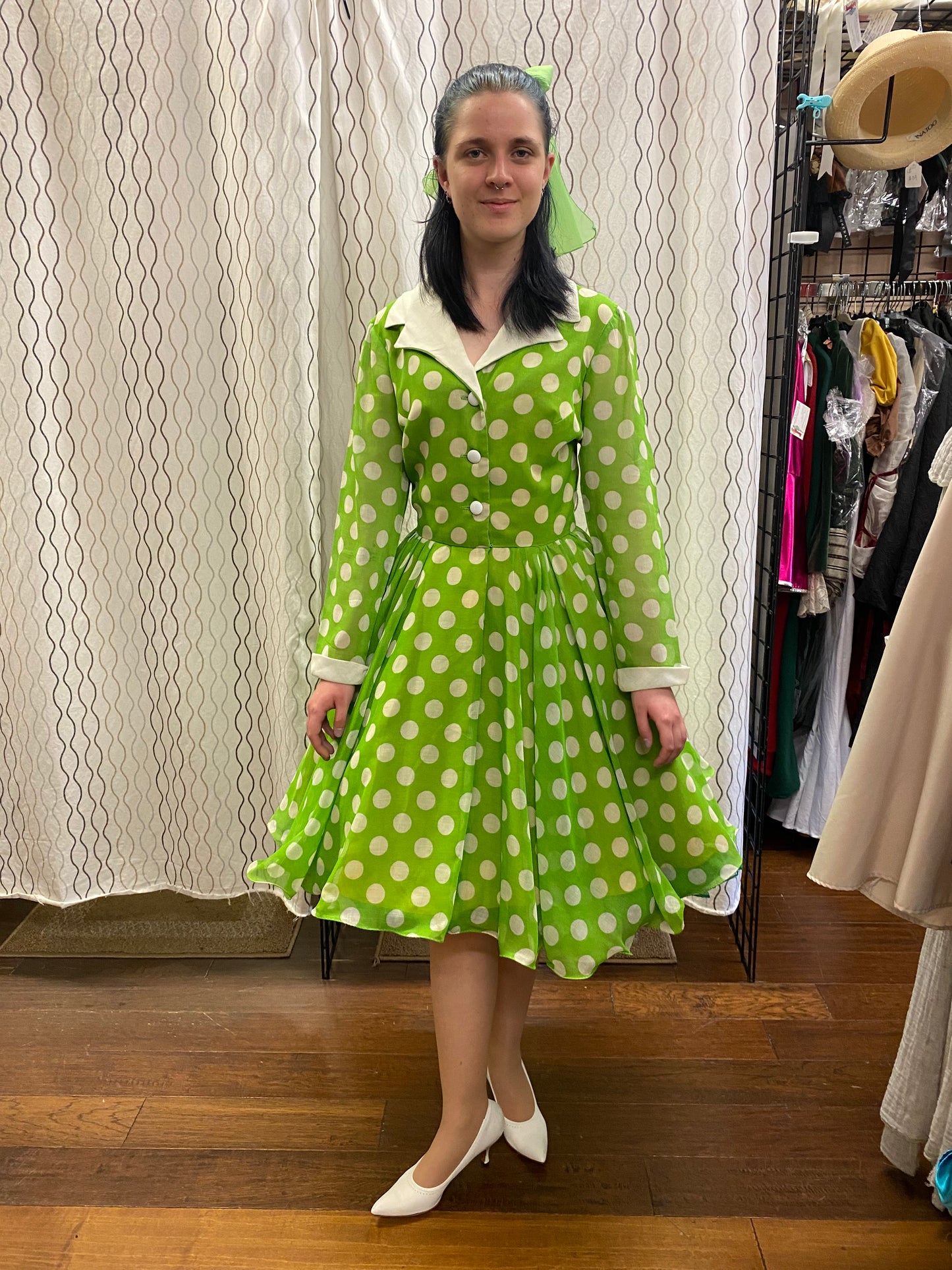 Green and white Polka Dot Voile Fit and Flare Full Circle Swing Party Dress