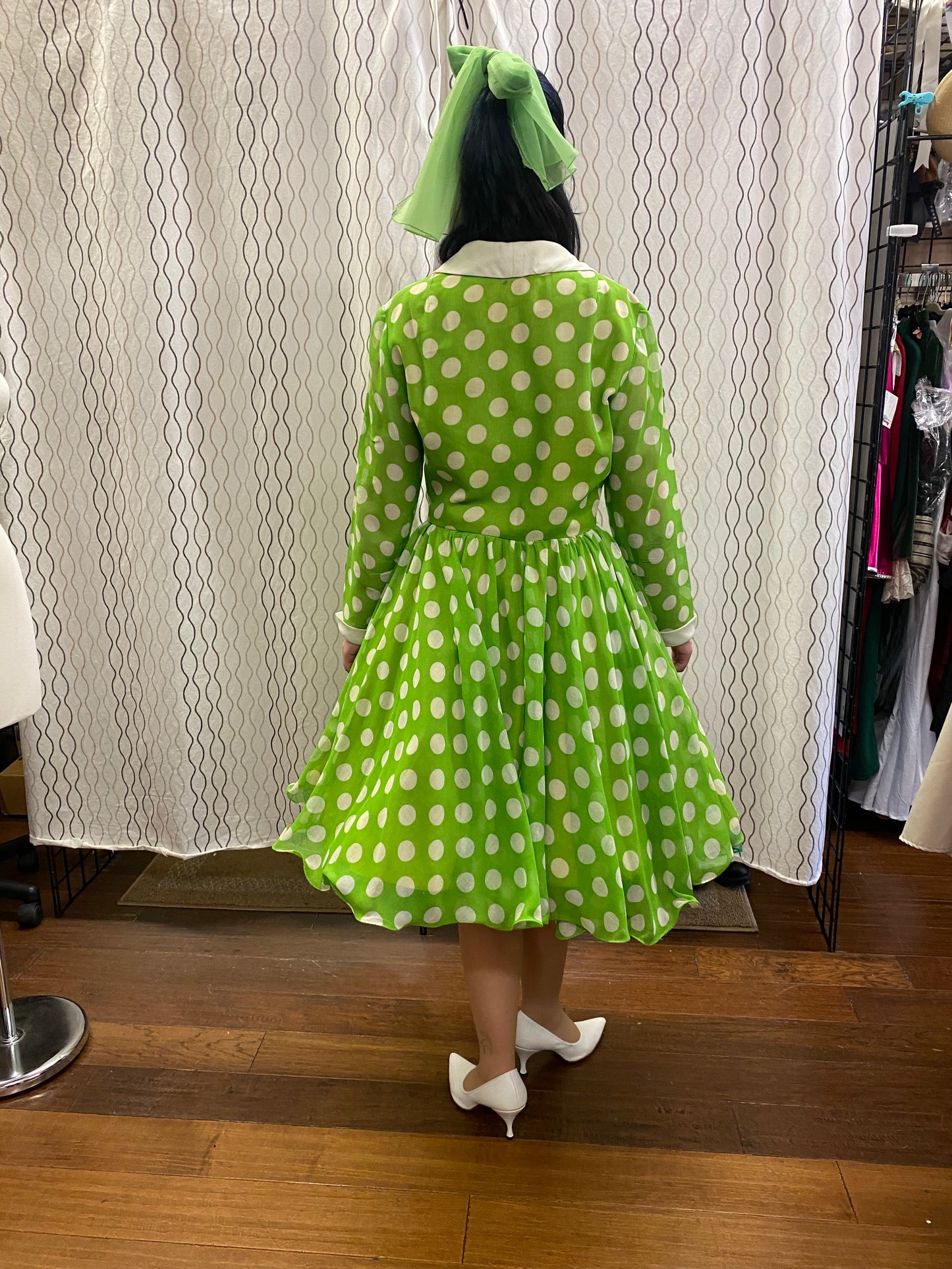 Green and white Polka Dot Voile Fit and Flare Full Circle Swing Party Dress