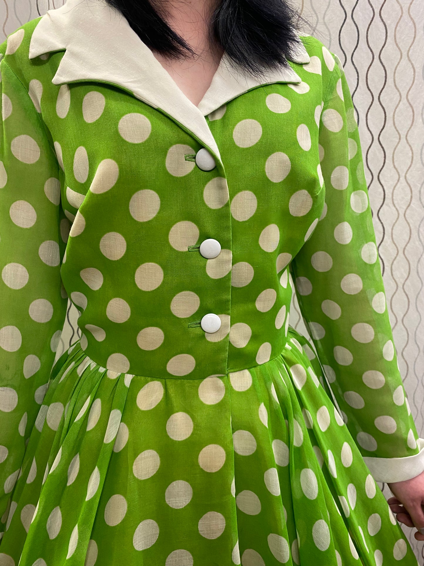 Green and white Polka Dot Voile Fit and Flare Full Circle Swing Party Dress