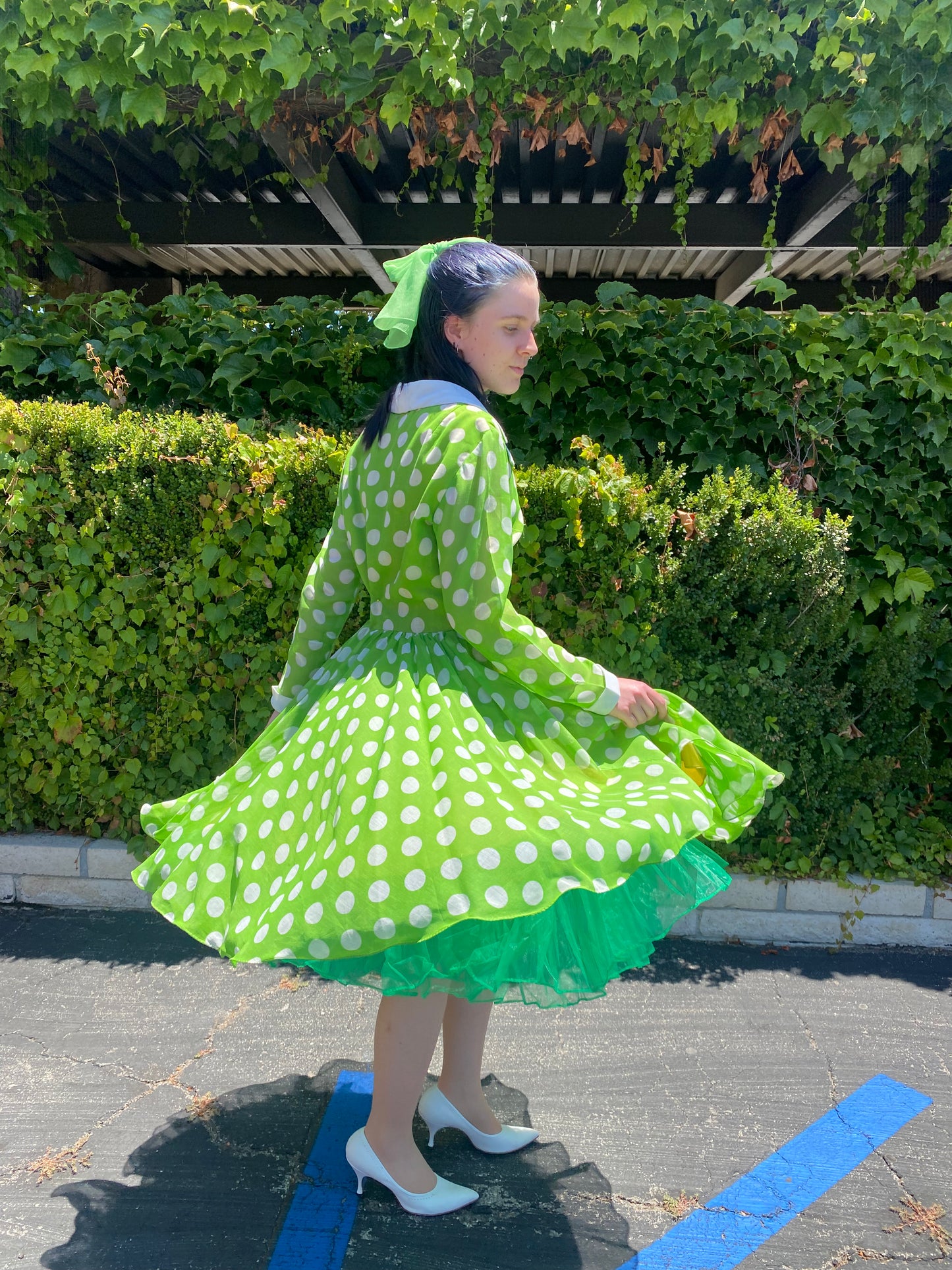 Green and white Polka Dot Voile Fit and Flare Full Circle Swing Party Dress