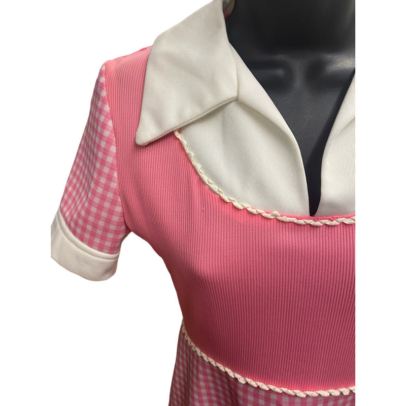60's 70's Pink Gingham White Dagger Collar Dress