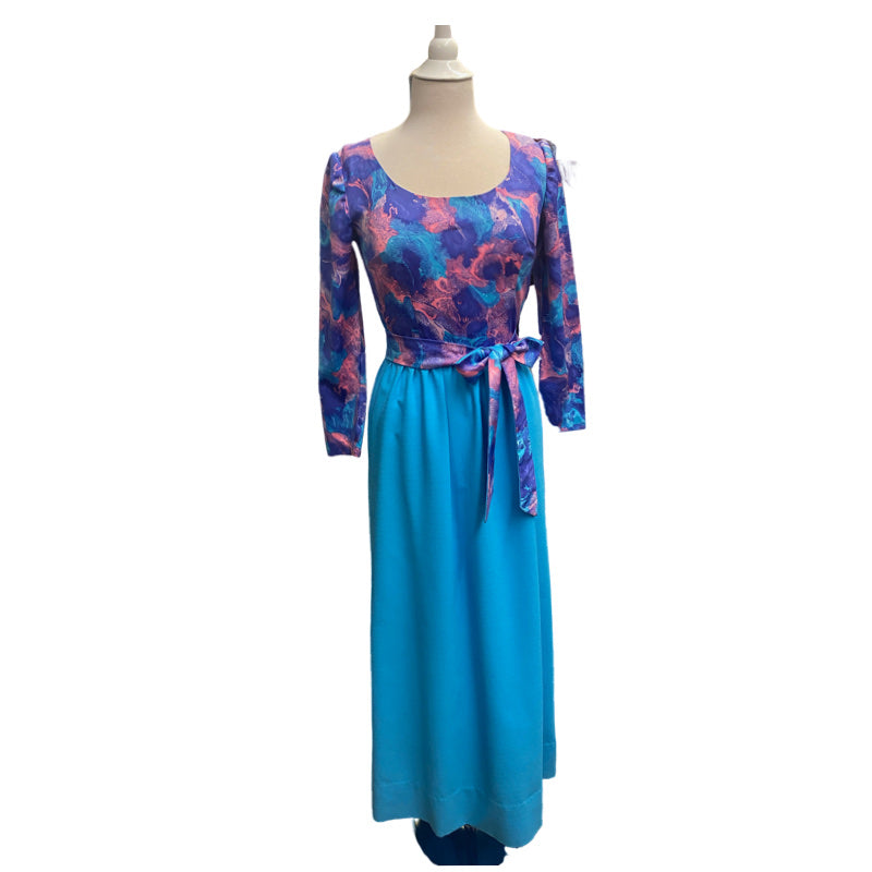 60's 70's Florescent Blue, Pink & Purple Abstract Tie Waist Maxi Dress
