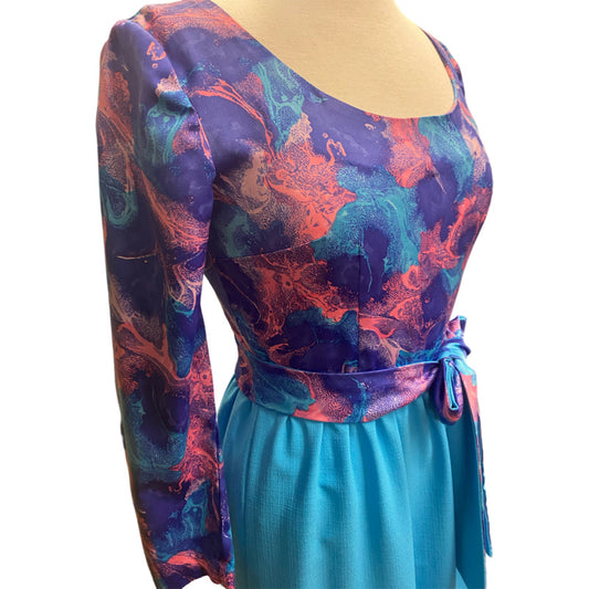 60's 70's Florescent Blue, Pink & Purple Abstract Tie Waist Maxi Dress