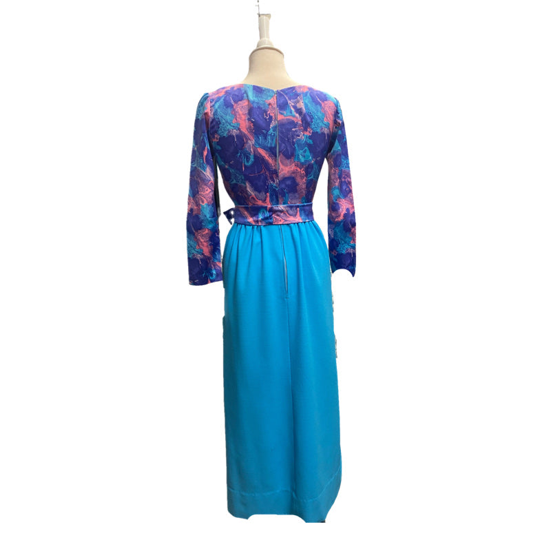 60's 70's Florescent Blue, Pink & Purple Abstract Tie Waist Maxi Dress