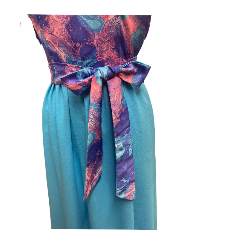60's 70's Florescent Blue, Pink & Purple Abstract Tie Waist Maxi Dress