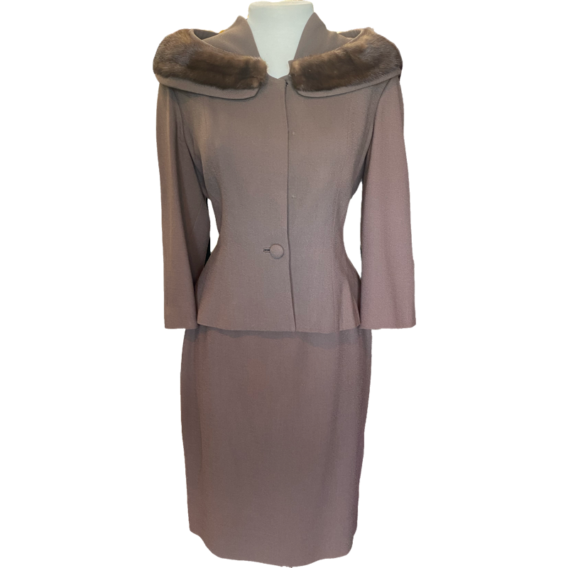 1940's Vintage "Lilli Ann" Brown Wool Suit with Mink Shoulder Collar