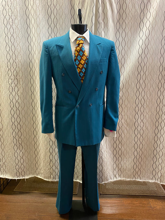 New 1980 Teal Pinstripe Double Breasted Wide Lapel Suit Gangster