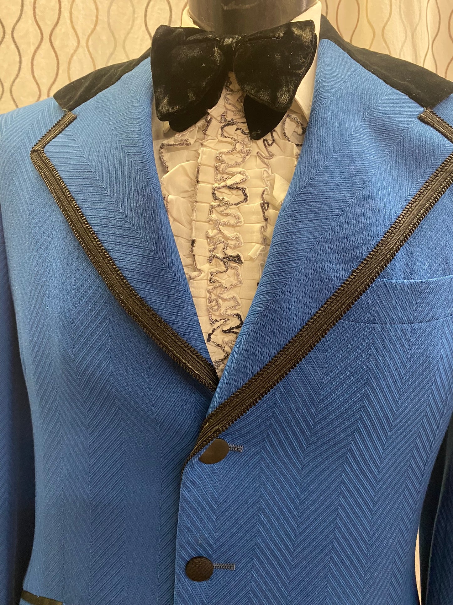 1970's Blue Poly Edwardian Style Tuxedo Jacket w Black Trim