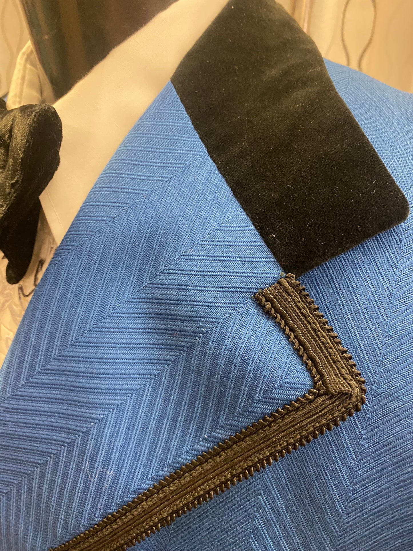 1970's Blue Poly Edwardian Style Tuxedo Jacket w Black Trim