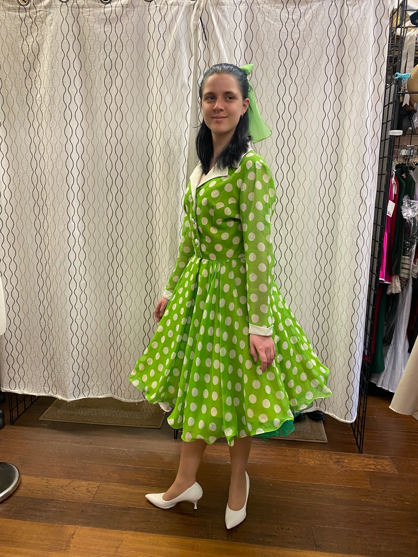 Green and white Polka Dot Voile Fit and Flare Full Circle Swing Party Dress