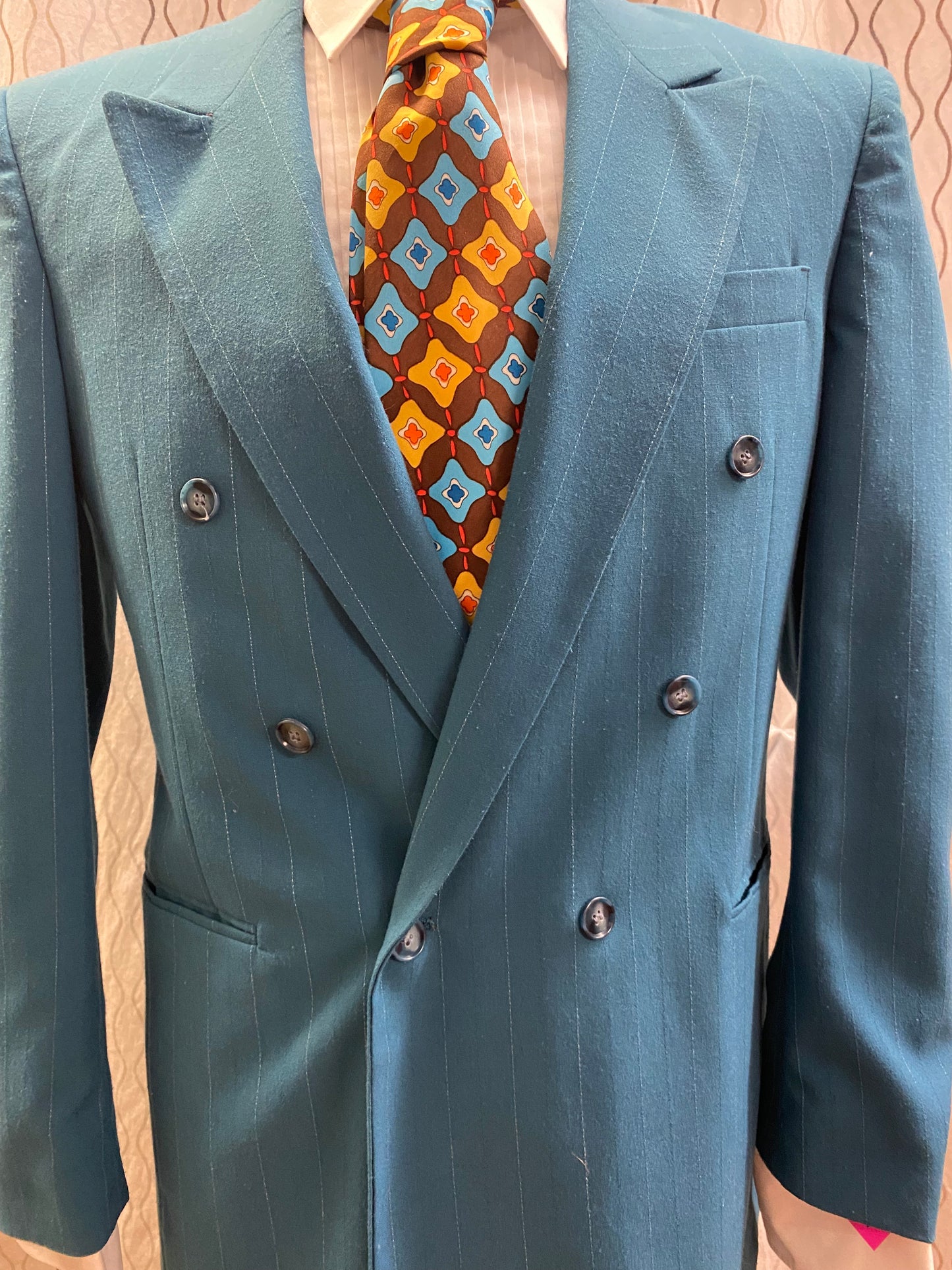 New 1980 Teal Pinstripe Double Breasted Wide Lapel Suit Gangster