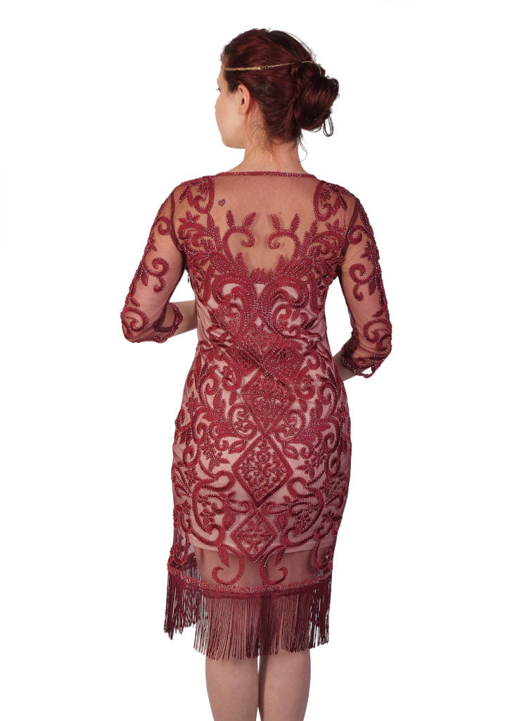 1920's Burgandy Beaded Fringe Gatsby Sleeved Flapper Dress