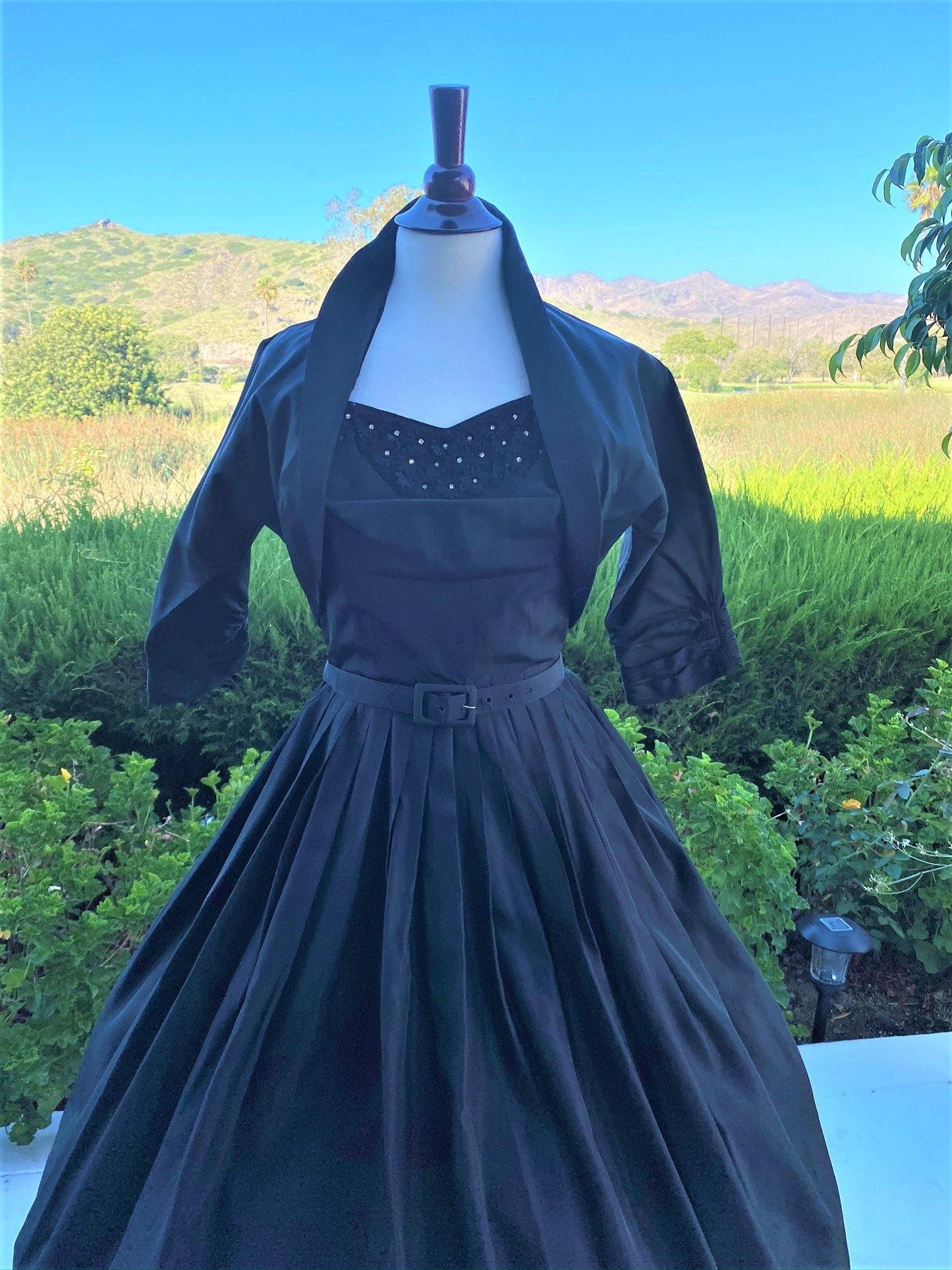 1950 Vintage Black Halter Prom Party Dress with Bolero Jacket - A Walk Thru Time Vintage