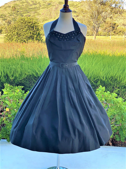 1950 Vintage Black Halter Prom Party Dress with Bolero Jacket - A Walk Thru Time Vintage
