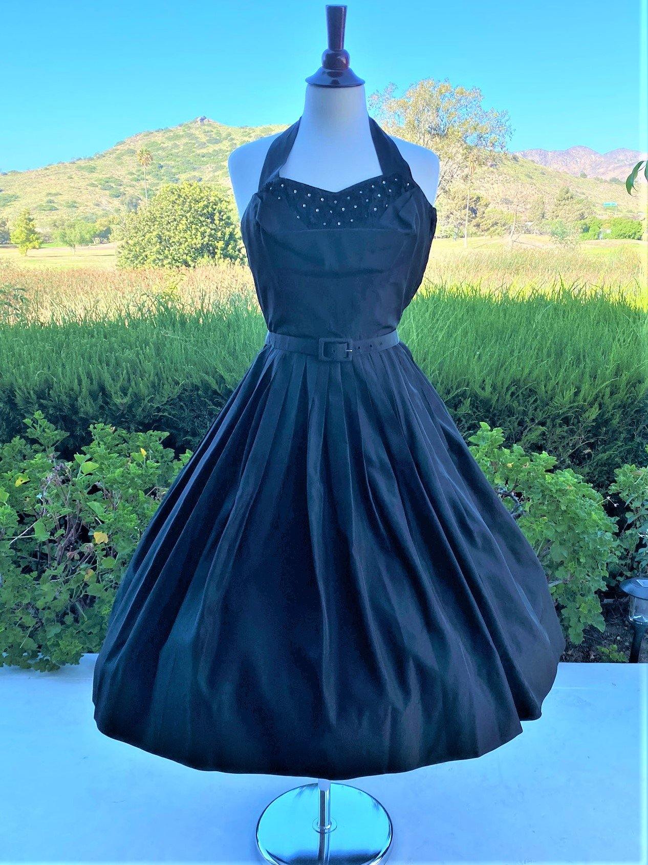 1950 Vintage Black Halter Prom Party Dress with Bolero Jacket - A Walk Thru Time Vintage