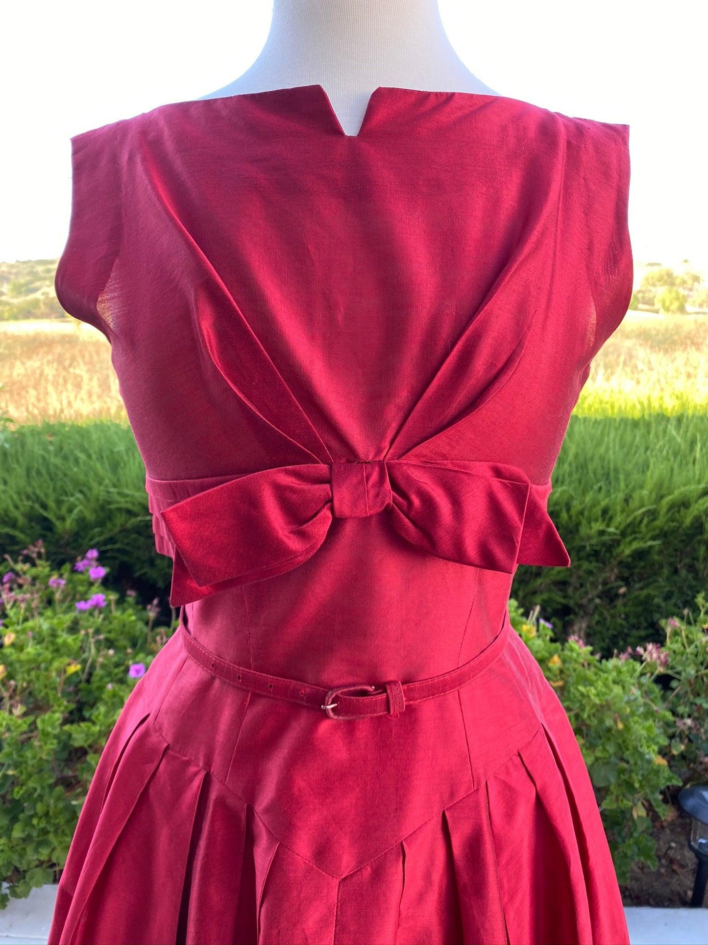 Vintage 1950 Red Prom Party Dress w/ Circle Skirt -Bow -Belt - A Walk Thru Time Vintage