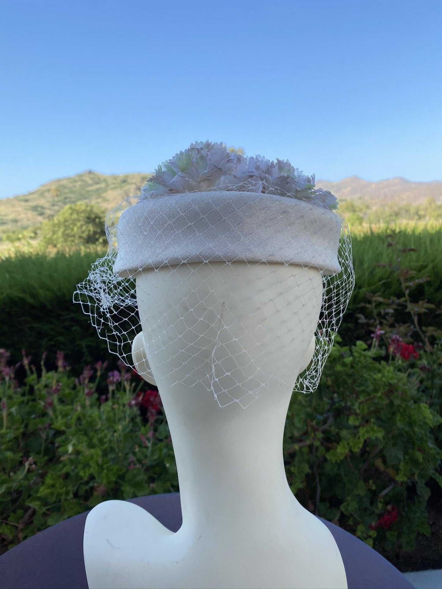 1960's Halo Pillbox Hat with veil and tan -green-white flowers - A Walk Thru Time Vintage