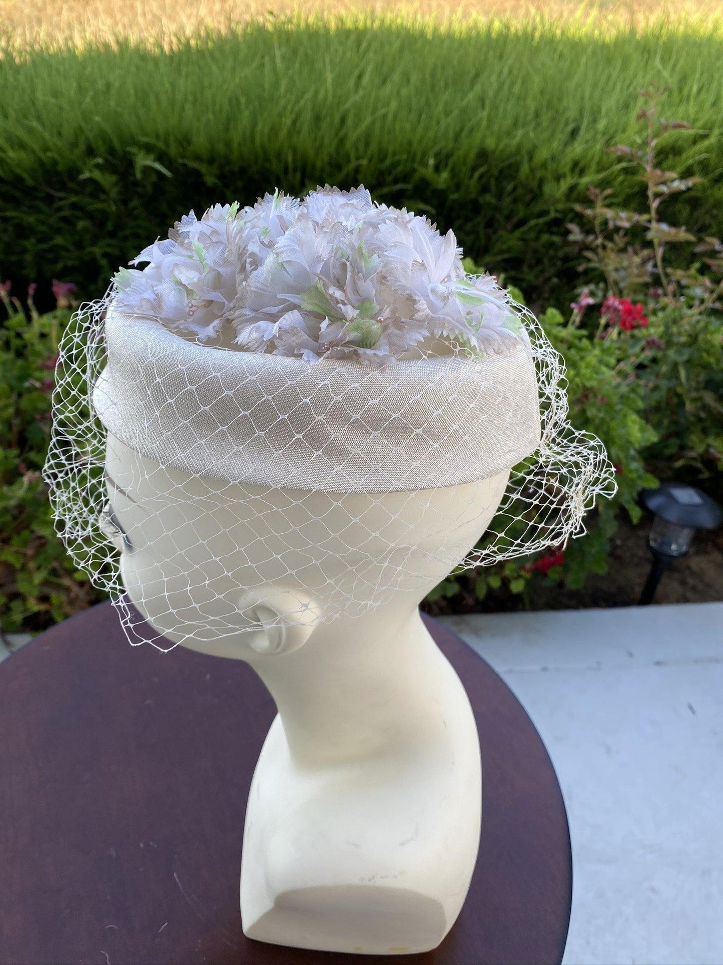 1960's Halo Pillbox Hat with veil and tan -green-white flowers - A Walk Thru Time Vintage