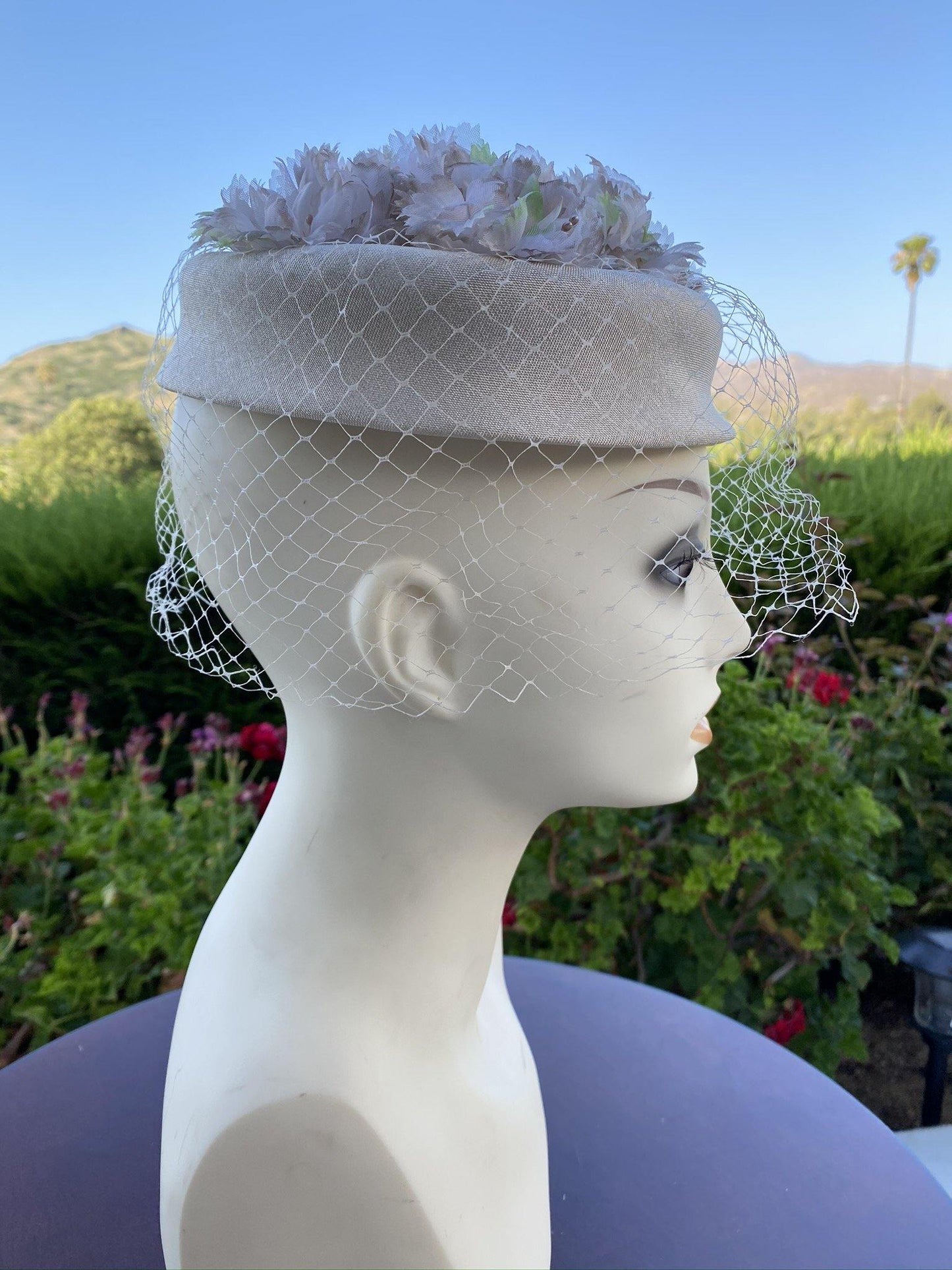 1960's Halo Pillbox Hat with veil and tan -green-white flowers - A Walk Thru Time Vintage