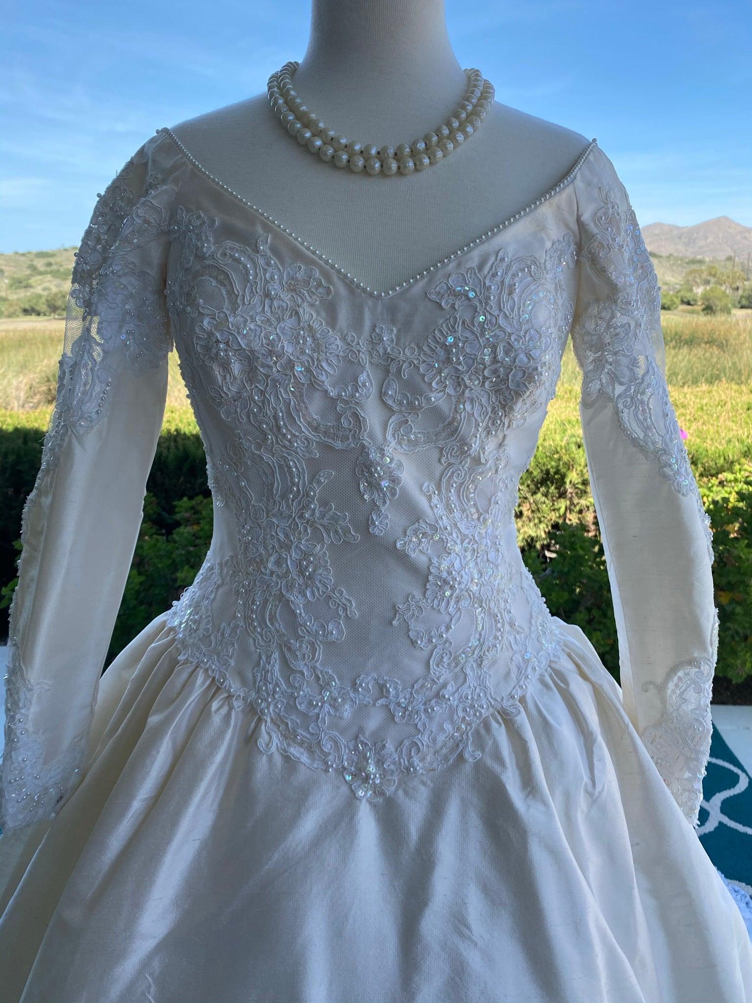 Vintage 1970's Cream Silk- Pearl and Lace Wedding Gown with Train - A Walk Thru Time Vintage