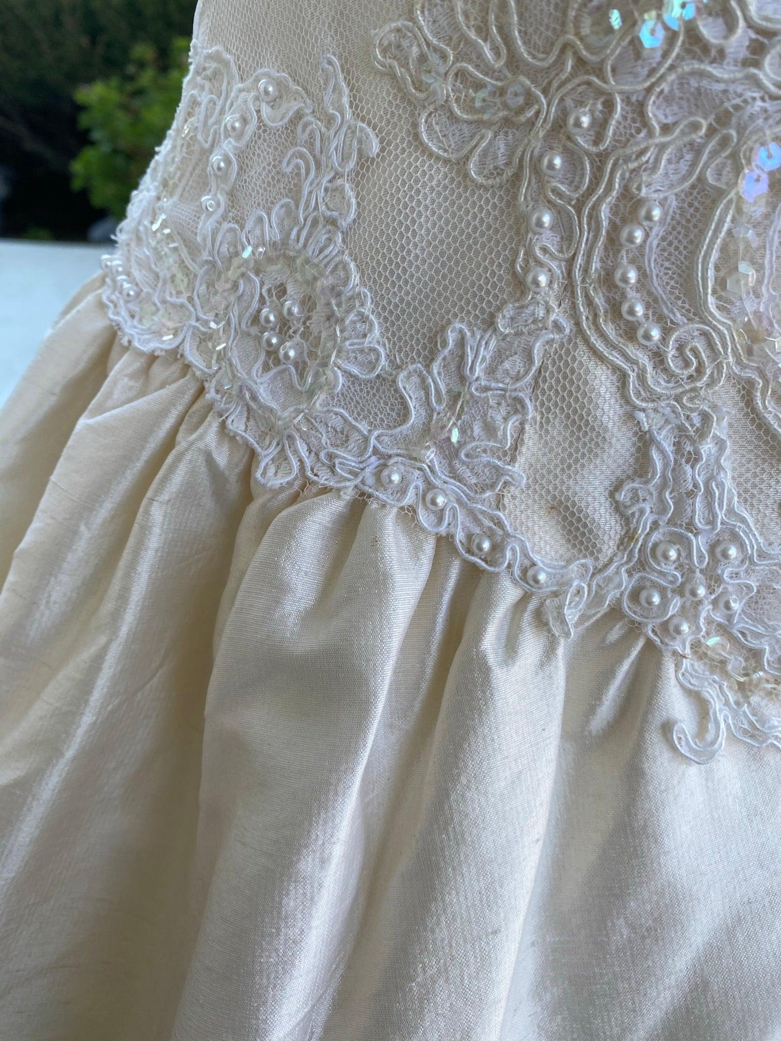 Vintage 1970's Cream Silk- Pearl and Lace Wedding Gown with Train - A Walk Thru Time Vintage