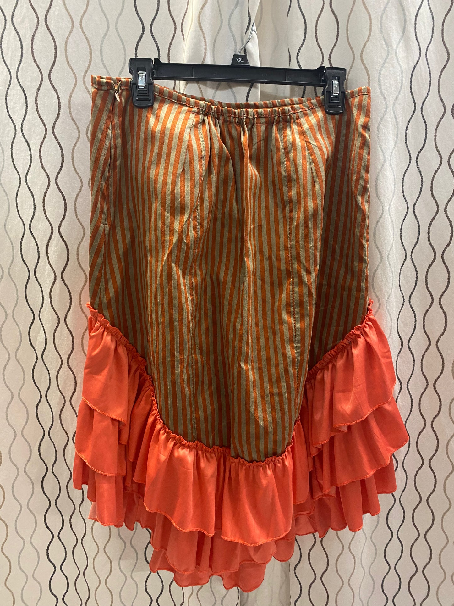 Womens High Low Ruffle Vertical Striped Renaissance Pirate Gypsy Steampunk Peach Orange & Olive Green Skirt - A Walk Thru Time Vintage