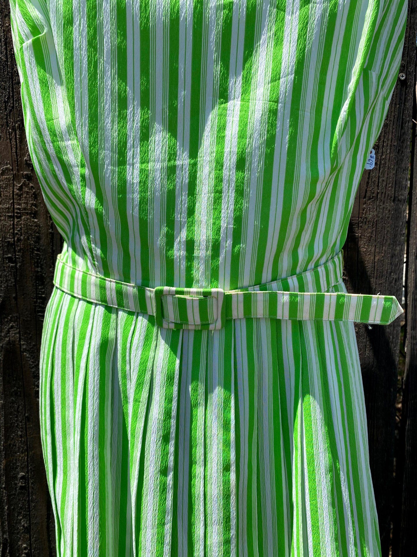 1950's Green & White Striped Crepe Dress With Belt - A Walk Thru Time Vintage
