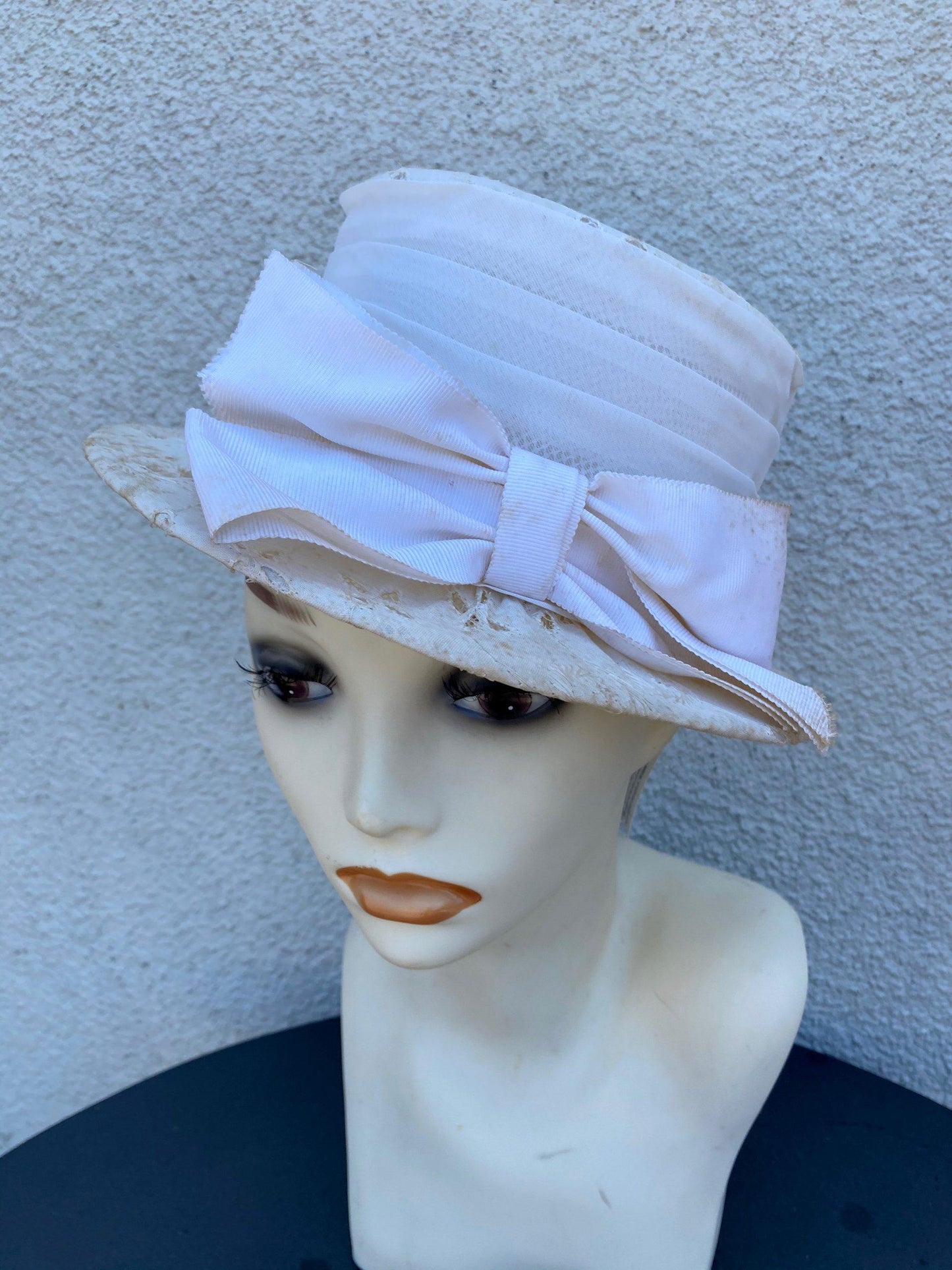 1960's White Chiffon Eyelet Hat With Bow - A Walk Thru Time Vintage