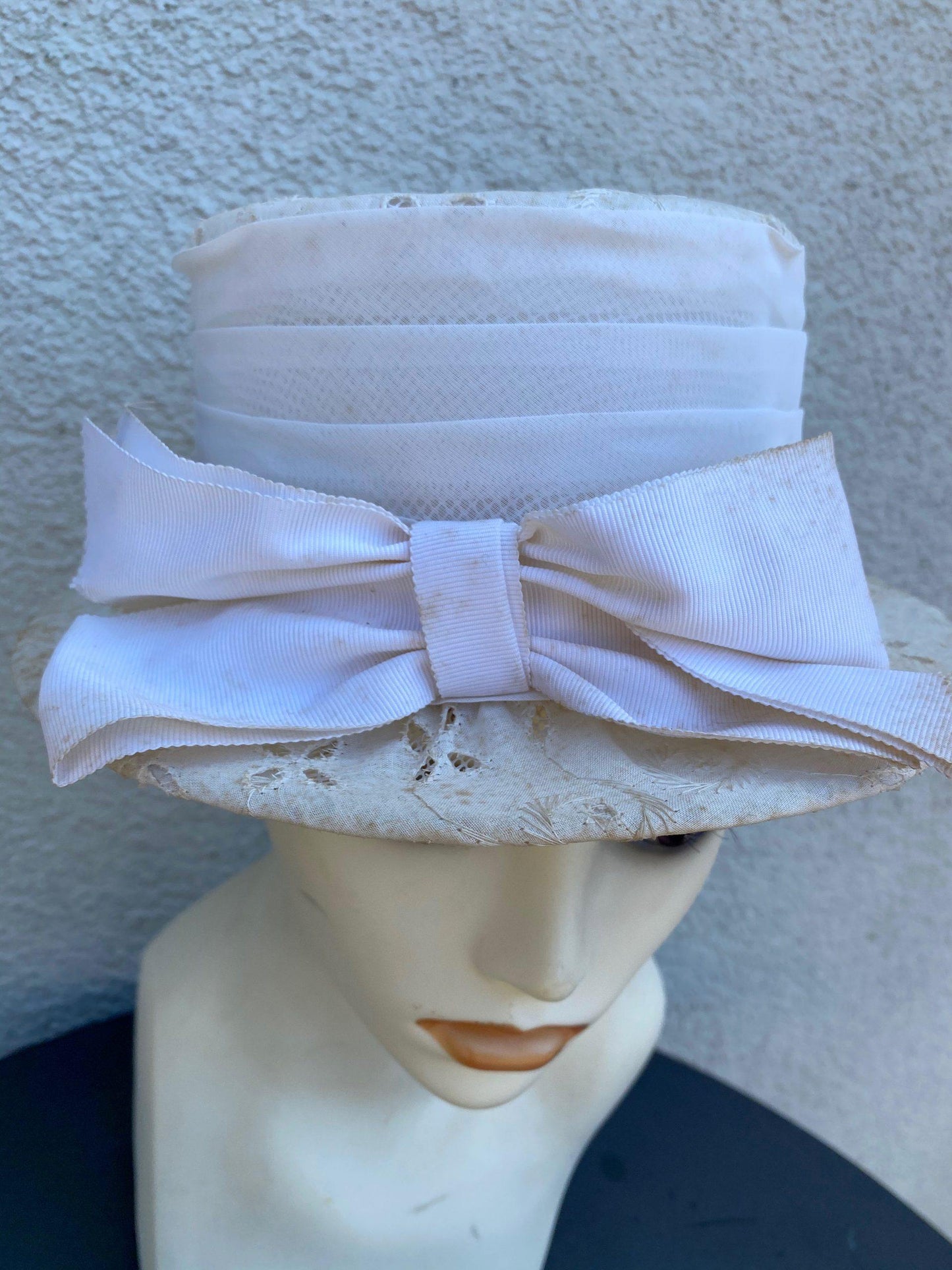1960's White Chiffon Eyelet Hat With Bow - A Walk Thru Time Vintage