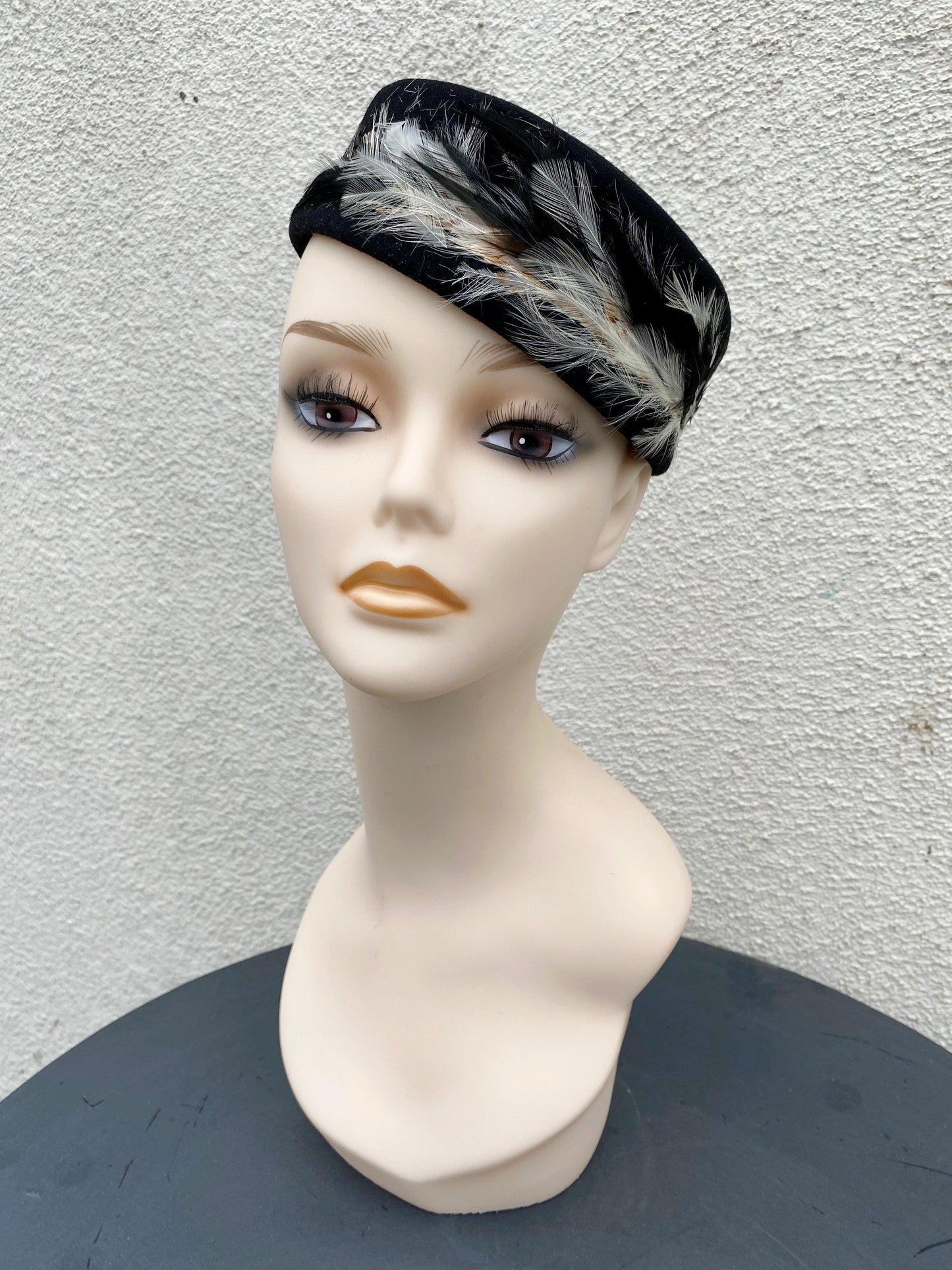 1950's-1960's Black Pillbox Hat with Feathered Band - A Walk Thru Time Vintage