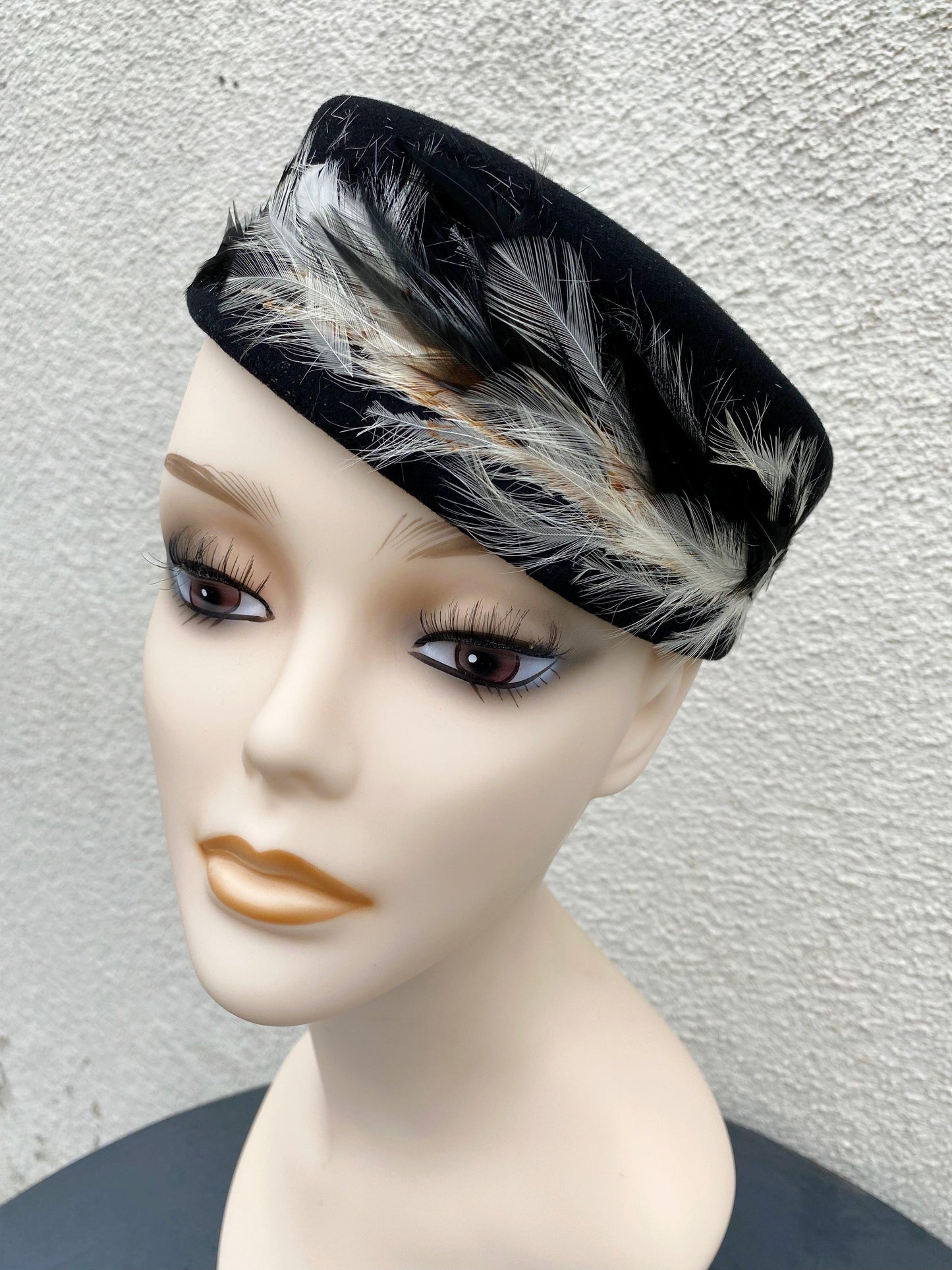 1950's-1960's Black Pillbox Hat with Feathered Band - A Walk Thru Time Vintage