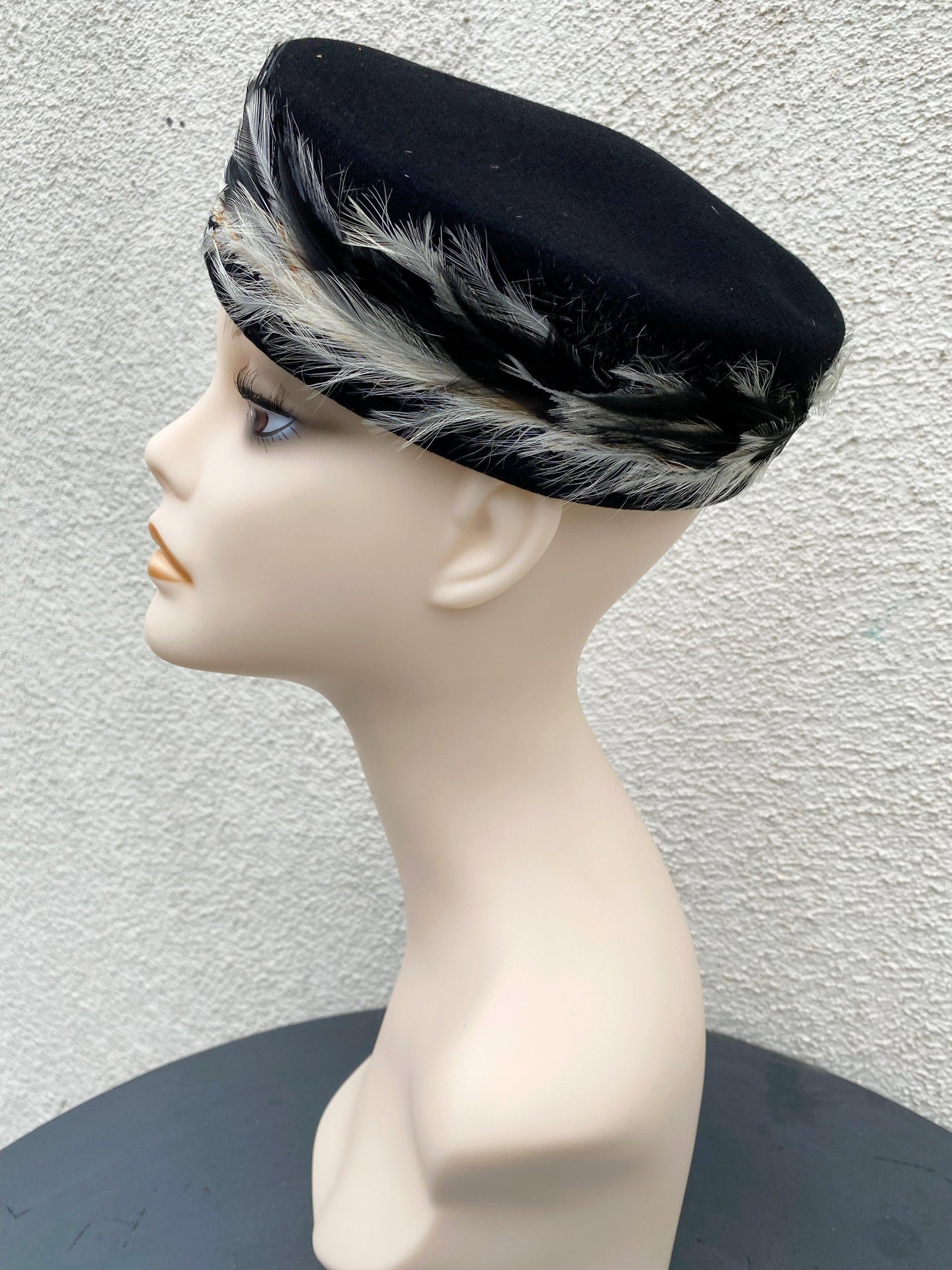 1950's-1960's Black Pillbox Hat with Feathered Band - A Walk Thru Time Vintage