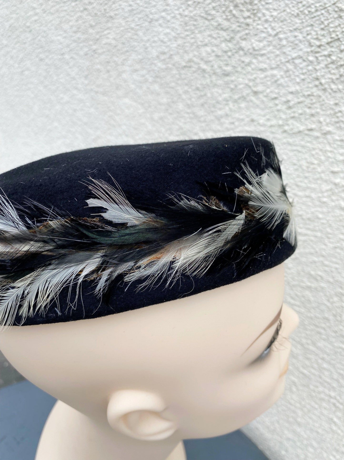 1950's-1960's Black Pillbox Hat with Feathered Band - A Walk Thru Time Vintage