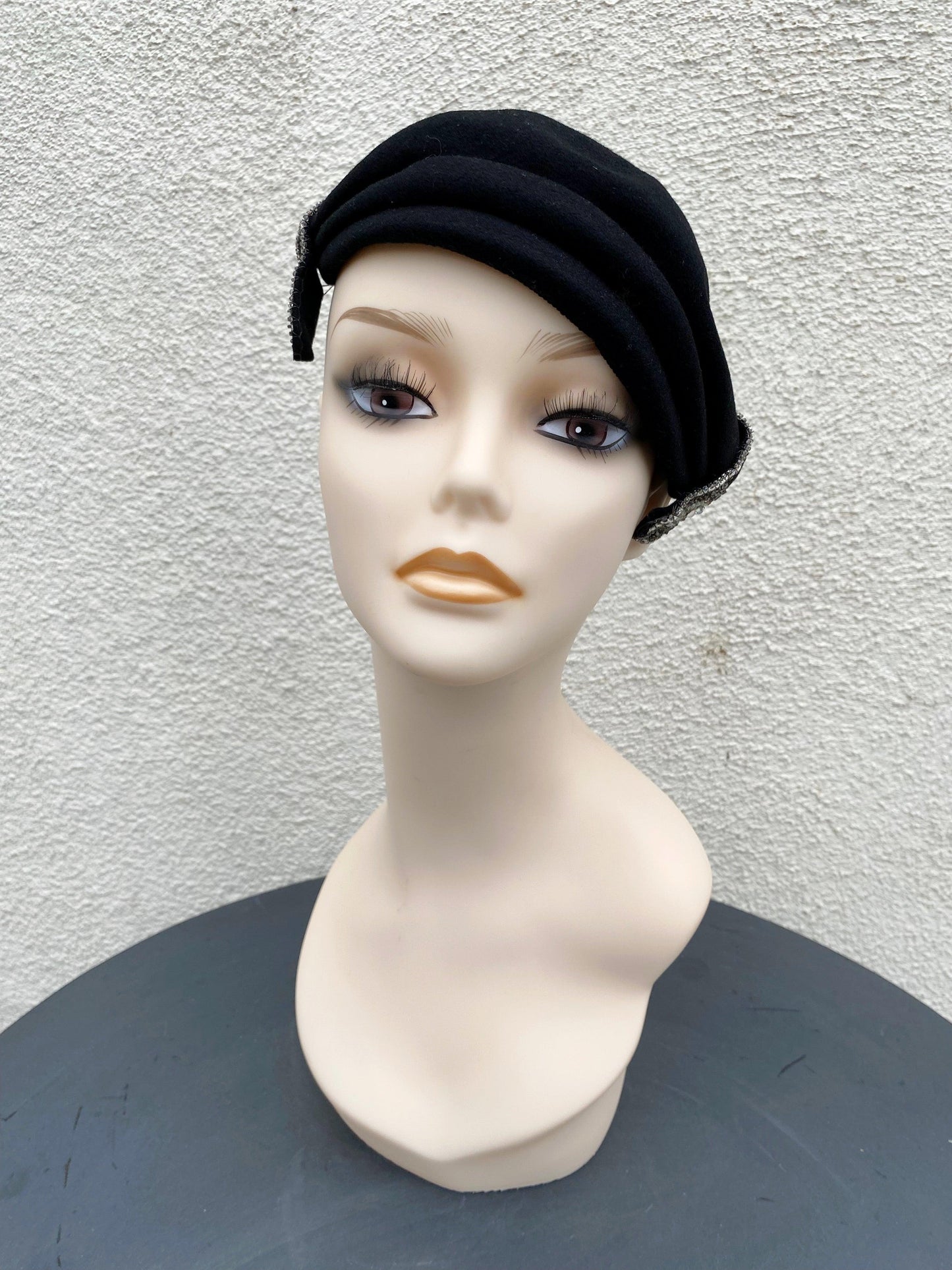 Vintage Black Wool Hat with Rhinestone Embellishments - A Walk Thru Time Vintage