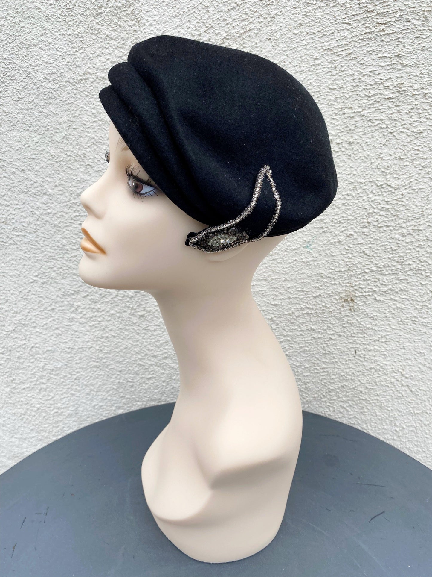 Vintage Black Wool Hat with Rhinestone Embellishments - A Walk Thru Time Vintage