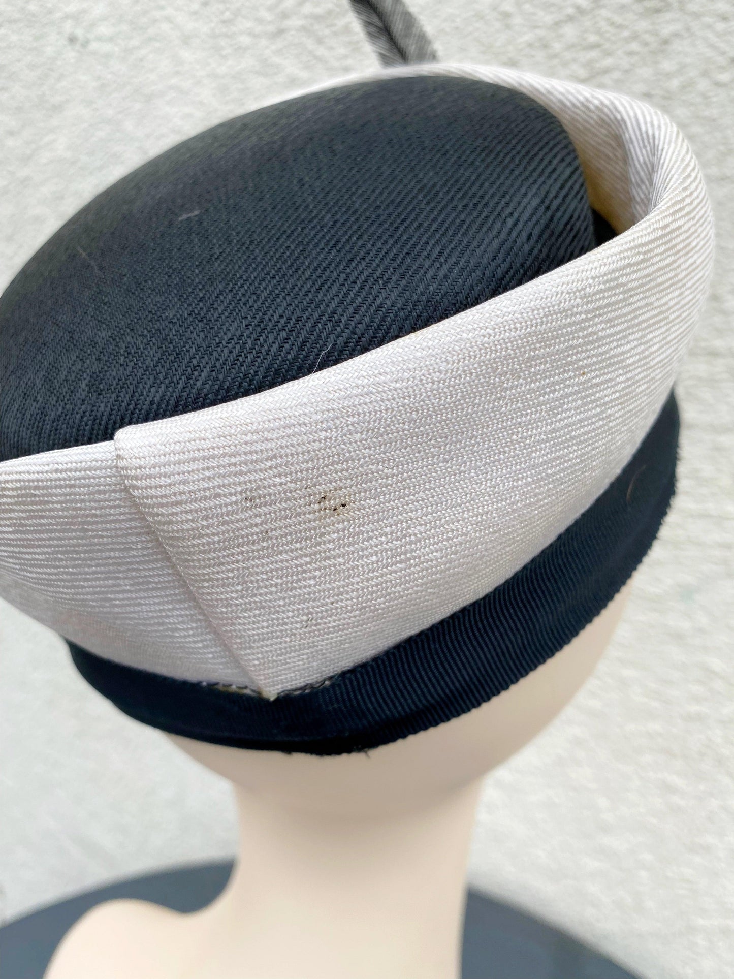 Vintage White with Black Trim Pillbox Hat with Feather - A Walk Thru Time Vintage