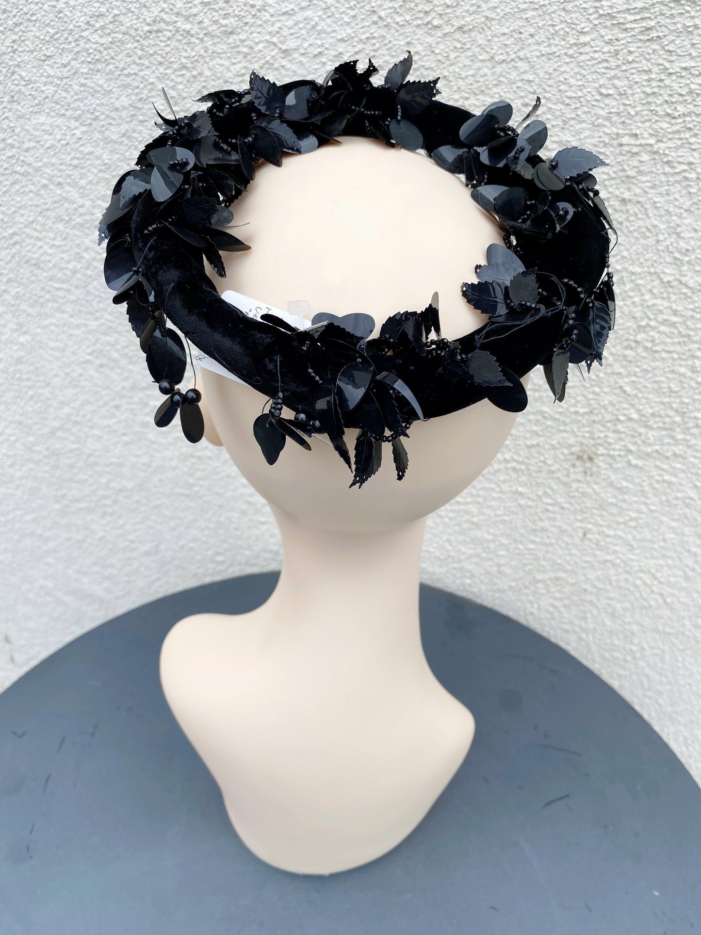 Vintage Coquette Black Velvet Round Halo Hat with Beading & Sequins - A Walk Thru Time Vintage