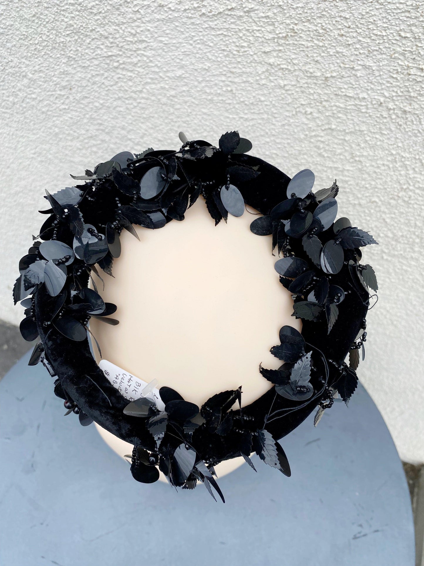 Vintage Coquette Black Velvet Round Halo Hat with Beading & Sequins - A Walk Thru Time Vintage