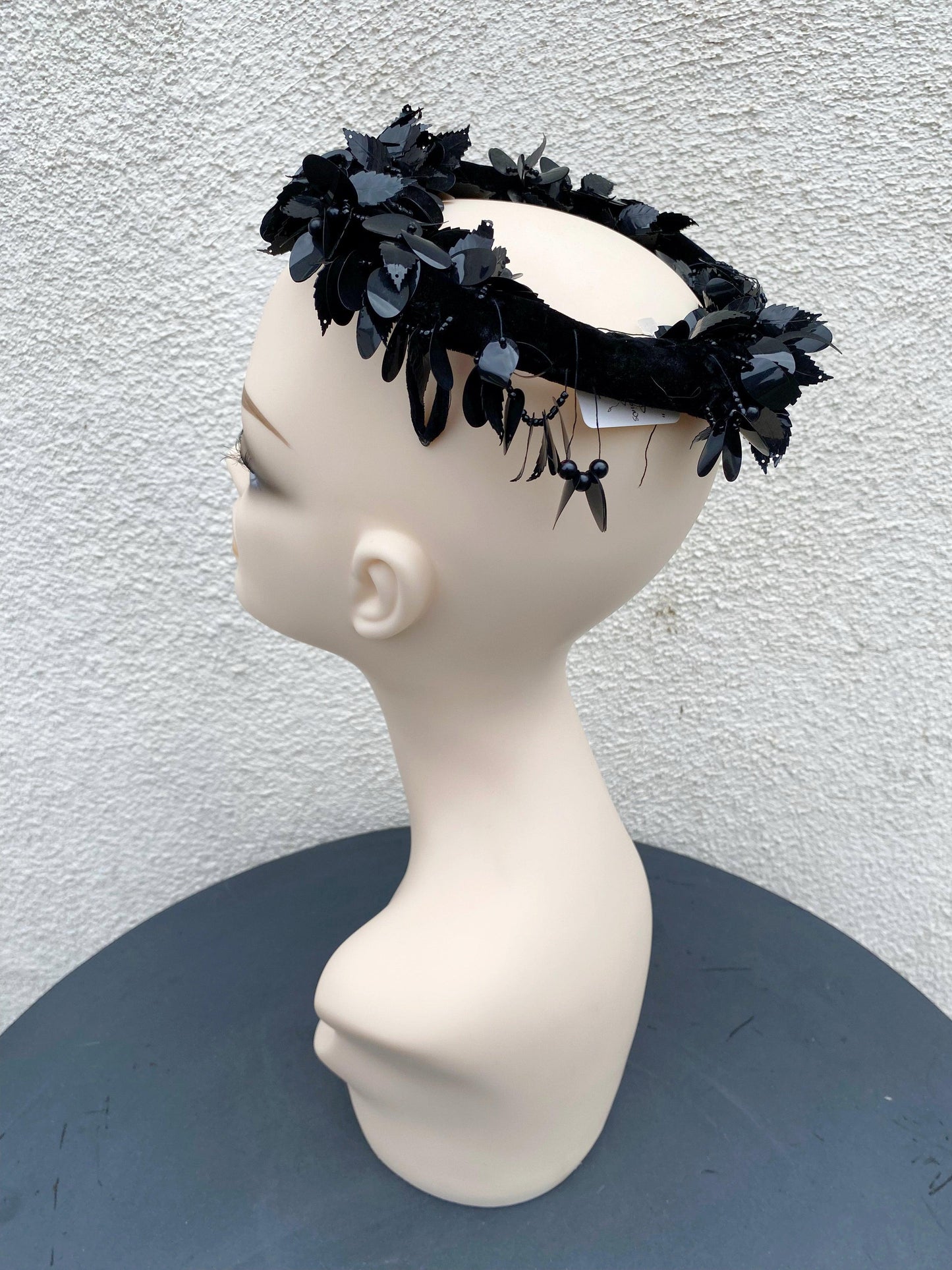 Vintage Coquette Black Velvet Round Halo Hat with Beading & Sequins - A Walk Thru Time Vintage