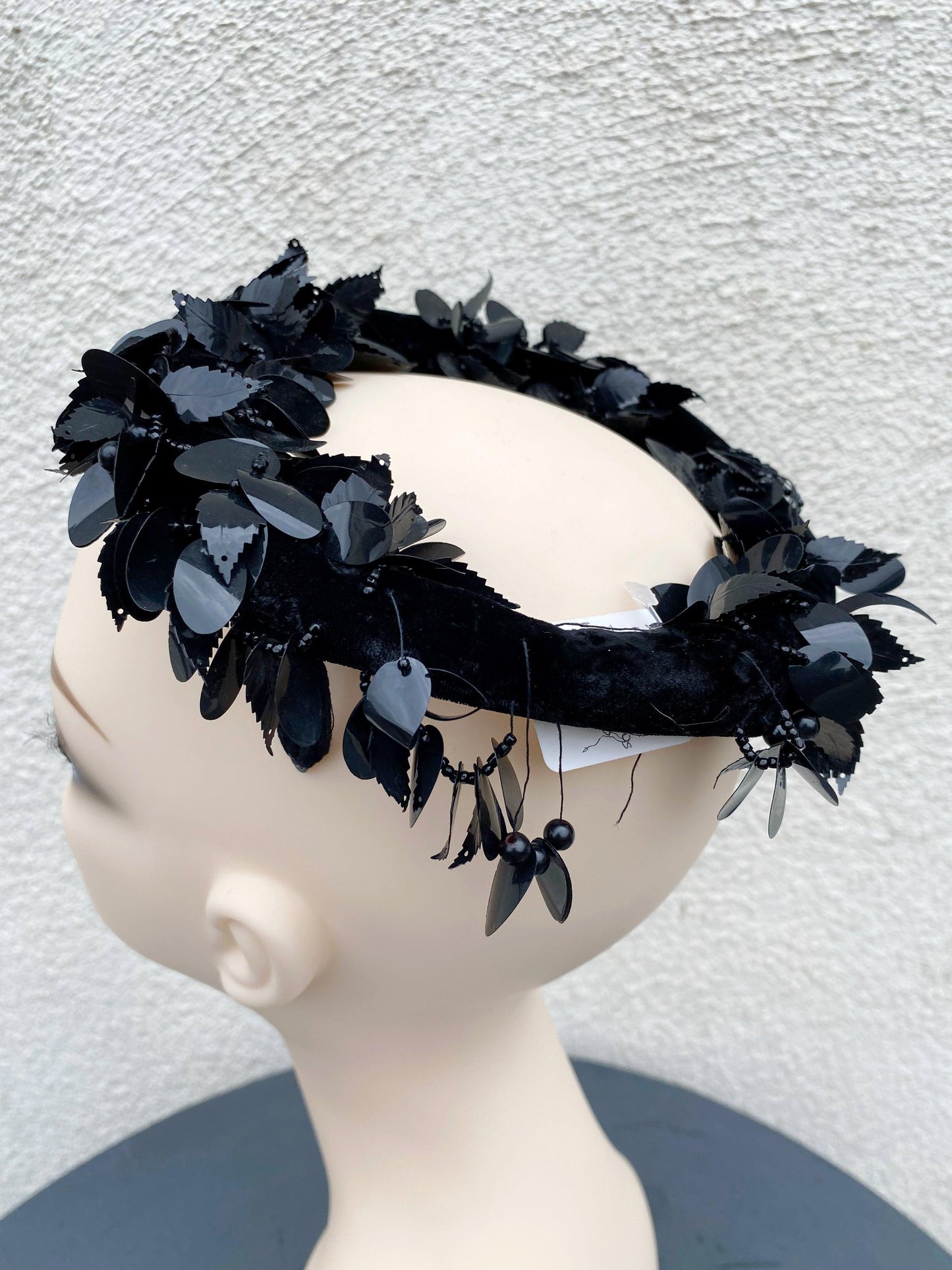 Vintage Coquette Black Velvet Round Halo Hat with Beading & Sequins - A Walk Thru Time Vintage