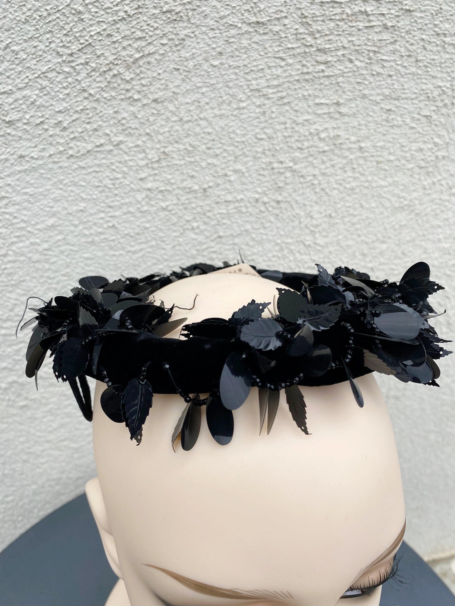 Vintage Coquette Black Velvet Round Halo Hat with Beading & Sequins - A Walk Thru Time Vintage