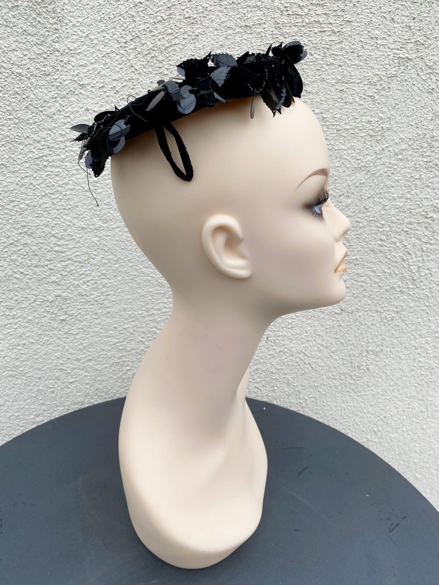 Vintage Coquette Black Velvet Round Halo Hat with Beading & Sequins - A Walk Thru Time Vintage