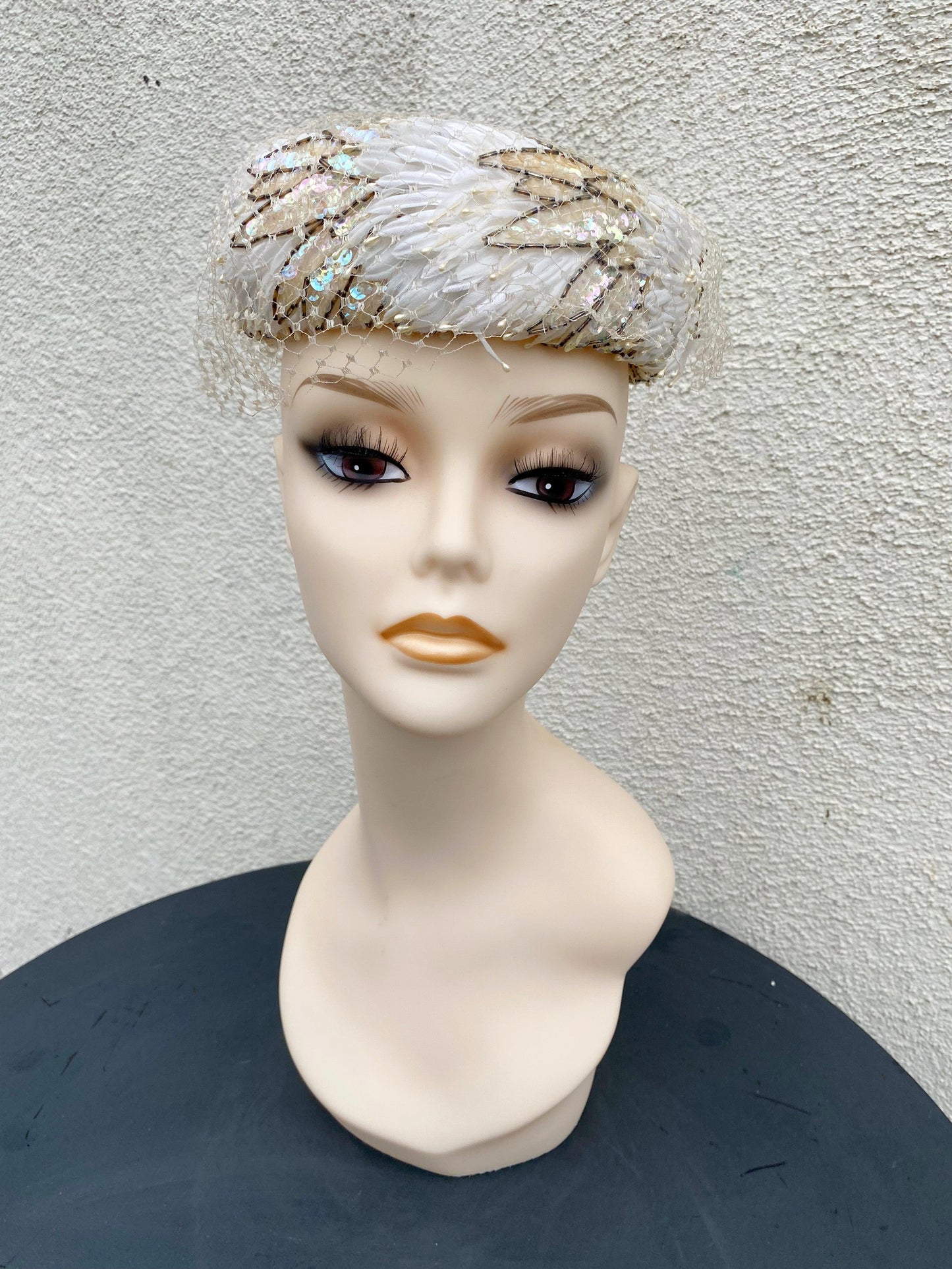 1960's Daisy Sequin Beaded Cream Pillbox Hat With Netting - A Walk Thru Time Vintage