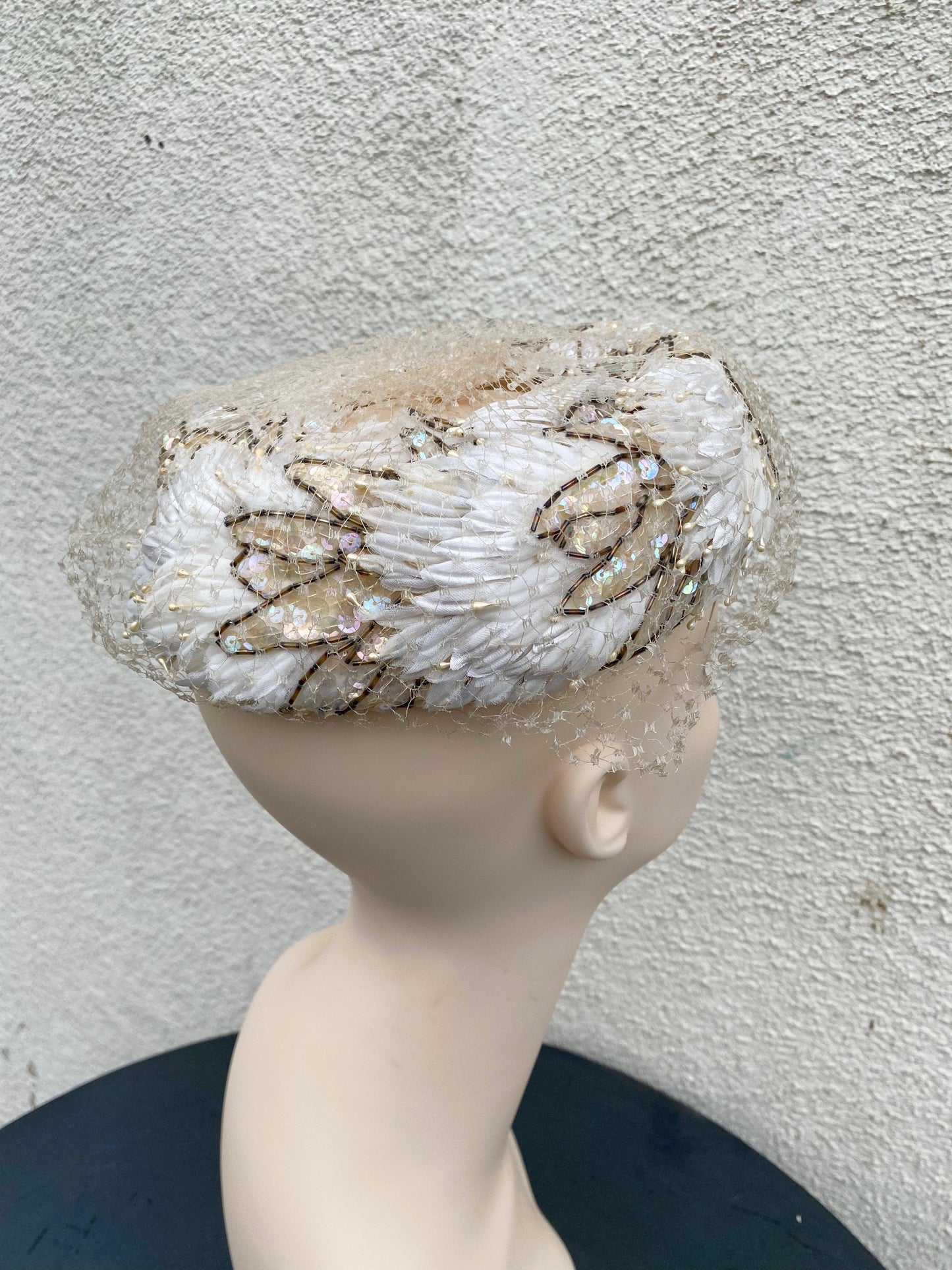 1960's Daisy Sequin Beaded Cream Pillbox Hat With Netting - A Walk Thru Time Vintage